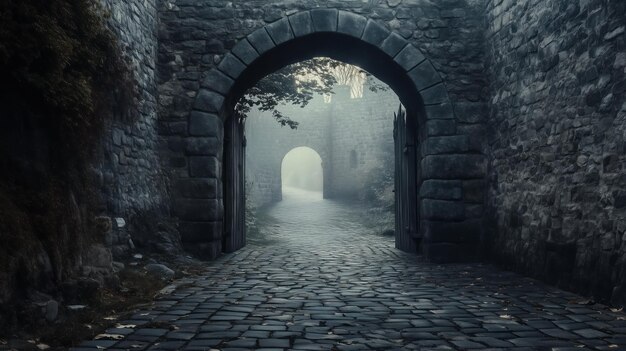 Photo an ancient stone archway leads to an old medieval city a cobblestone path winds through the gate