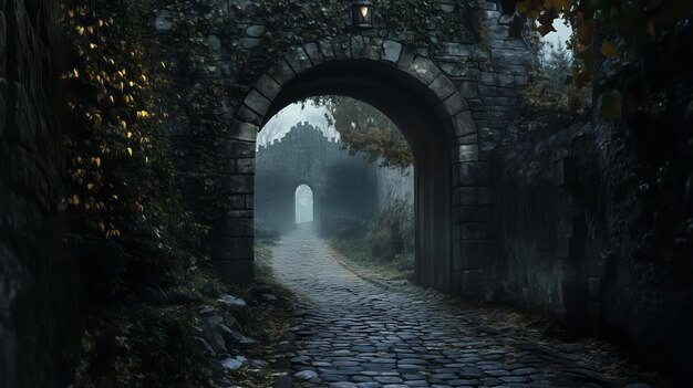 Photo an ancient stone archway leads to an old medieval city