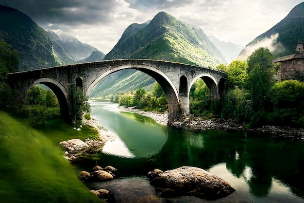 An ancient stone bridge over a mountain river in the mountains against the background of the sky