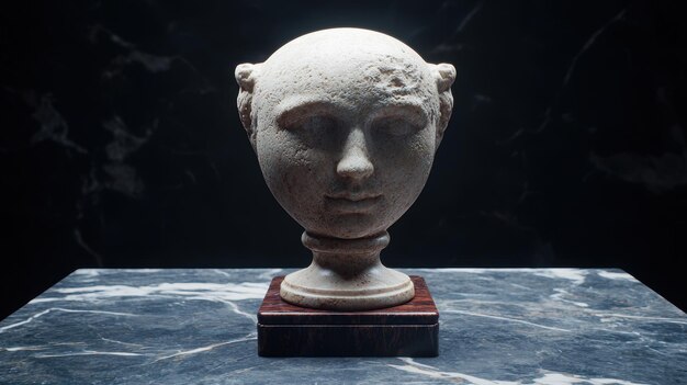 Photo ancient stone head sculpture on marble pedestal