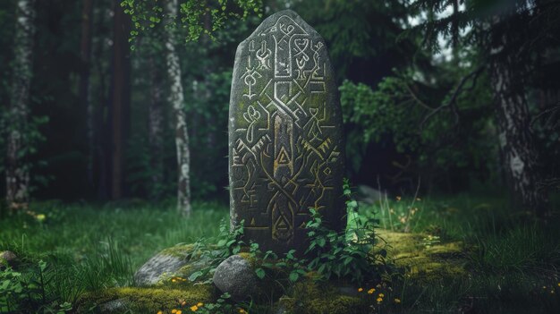 Photo ancient stone monument with carvings in a forest setting