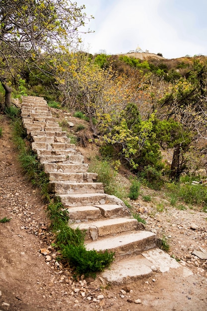 Ancient stone staircase footpath in hilly Park. Moss covered stairs in mountain rock. Cozy backgrounds for site or large-resolution wallpaper. Concept of travel, tourism and adventure. Copy space