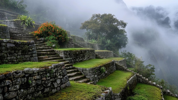 Ancient Stone Steps and Terraces in Misty Mountain Landscape