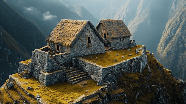 Photo ancient stone structures on a mountain peak