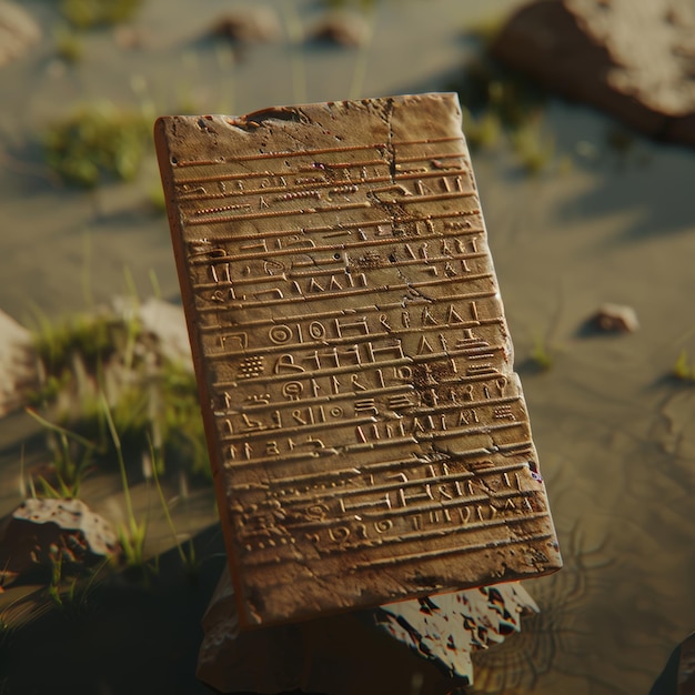 Photo ancient stone tablet with carved hieroglyphs resting on a sandy surface