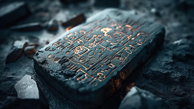 Photo ancient stone tablet with glowing hieroglyphic inscriptions lying on the ground among rubble and stones in an archaeological setting