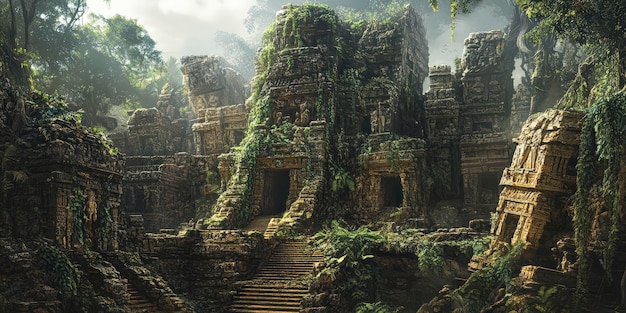 Ancient stone temple ruins overgrown with lush vegetation