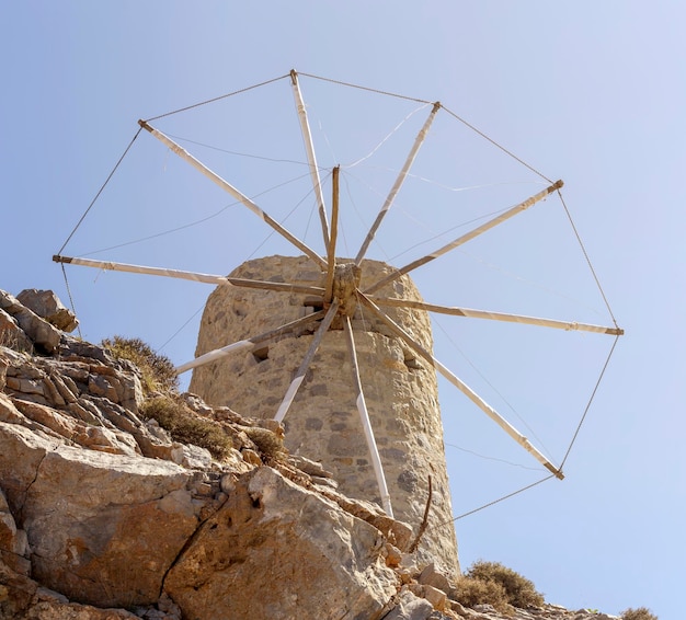 Ancient stone windmills Lassithi area island Crete Greece