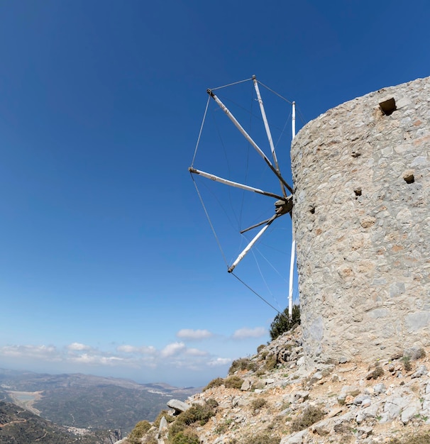 Ancient stone windmills Lassithi area island Crete Greece