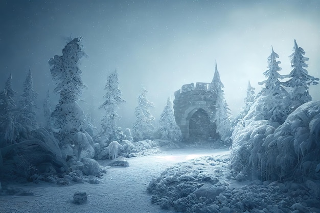 Ancient stone winter castle Fantasy snowy landscape with a castle Winter castle on the mountain winter forest