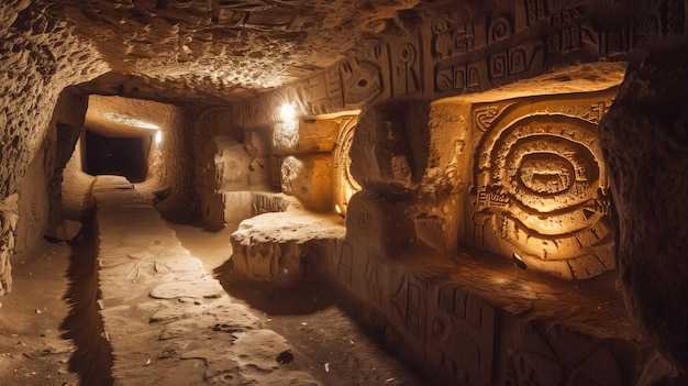 Ancient subterranean tunnel with carved walls illuminated by warm light