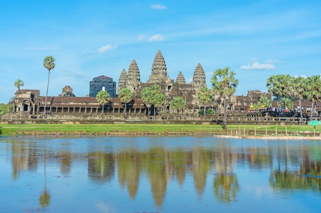 Ancient temple Angkor Wat from across the lake. Siem Reap, Cambodia