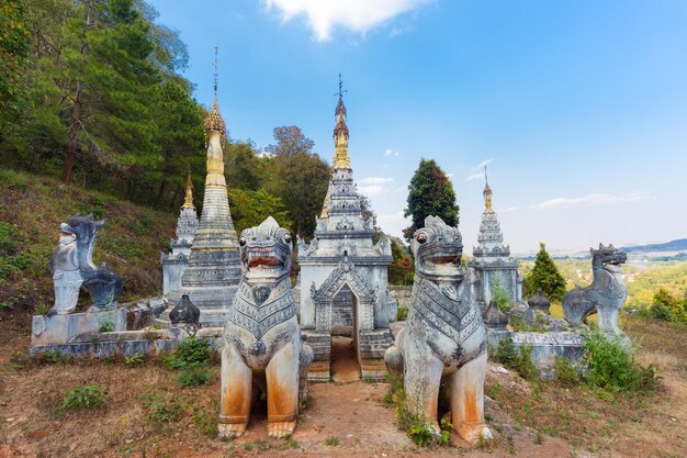 Ancient temple close to Pindaya Cave located next to the town of Pindaya Shan State Burma Myanmar Famous buddhist pilgrimage site and a tourist attraction