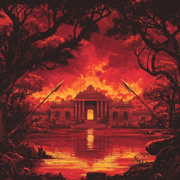 Photo ancient temple in a fiery landscape