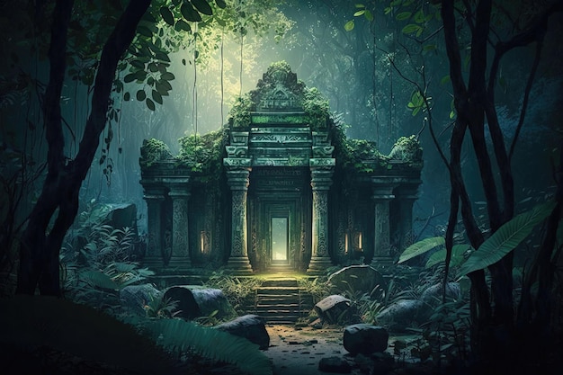 An ancient temple hidden in the midst of a lush green jungle surrounded by tall trees and vibrant foliage Generative AI