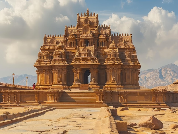 Ancient Temple Located in Hampi India Surrounded by Scenic Mountains Under a Bright Sky