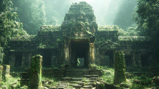 Photo ancient temple overgrown by jungle