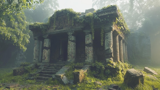 Photo ancient temple overgrown with lush vegetation in a misty forest