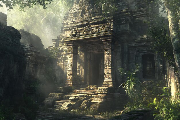 Photo ancient temple ruins enveloped by lush jungle foliage