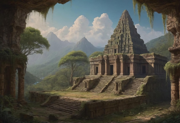 Ancient Temple Ruins Overgrown With Foliage In A Lush Mountainous Landscape