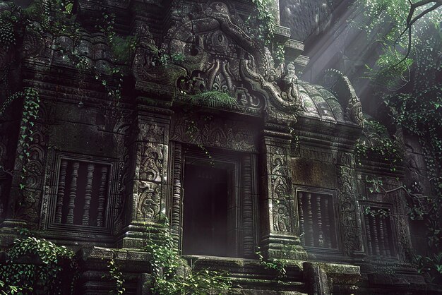 Ancient temple with detailed carvings mystical lighting and vines