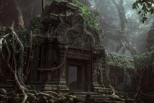 Ancient temple with detailed carvings mystical lighting and vines