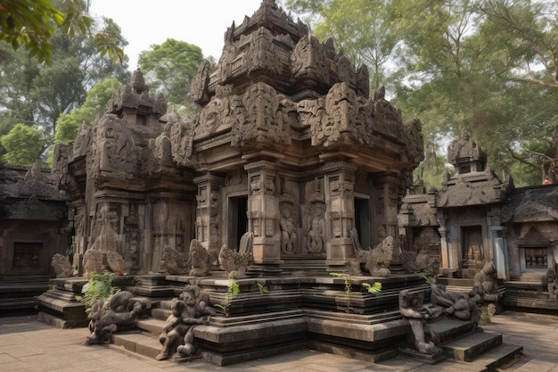 Ancient temple with intricate carvings and sculptures on its columns and walls