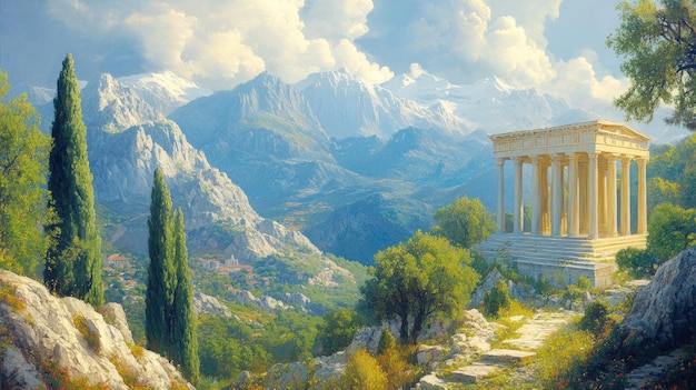 Ancient temple with mountains in background