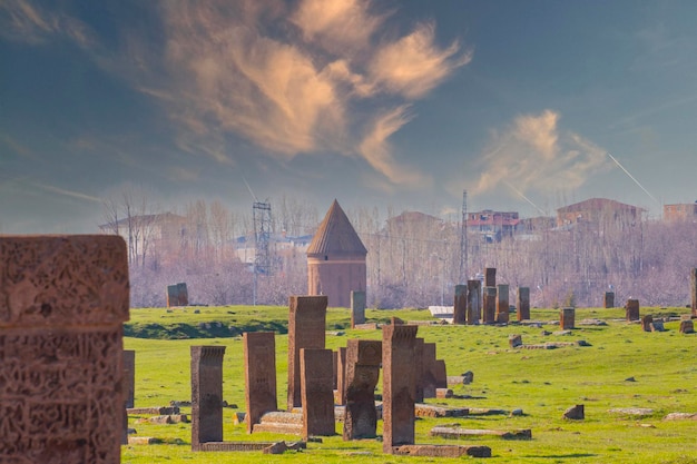 Ancient tombstones in the historical cemetery of Selcuk Turks from 12th century in the town Ahlat