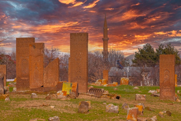 Ancient tombstones in the historical cemetery of Selcuk Turks from 12th century in the town Ahlat