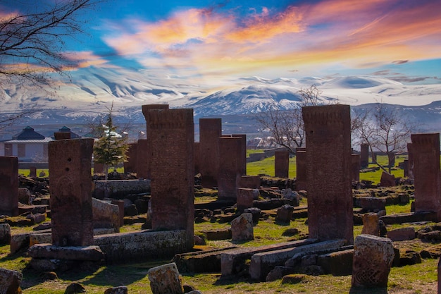 Ancient tombstones in the historical cemetery of Selcuk Turks from 12th century in the town Ahlat