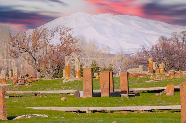 Ancient tombstones in the historical cemetery of Selcuk Turks from 12th century in the town Ahlat