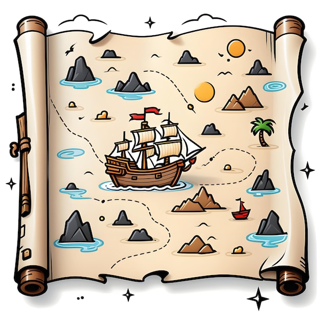 Ancient Treasure Map With Pirate Ship On The Background Of Mountains Vector Illustration