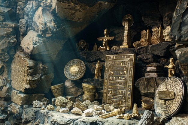 Photo ancient treasures glimmer in a hidden cave illuminated by soft rays of light