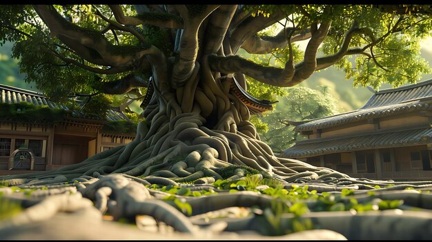 Photo ancient tree encompassing asian temple