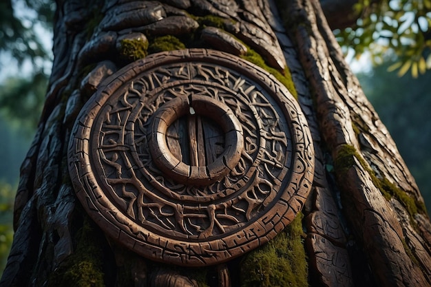 Photo ancient tree with carved runes