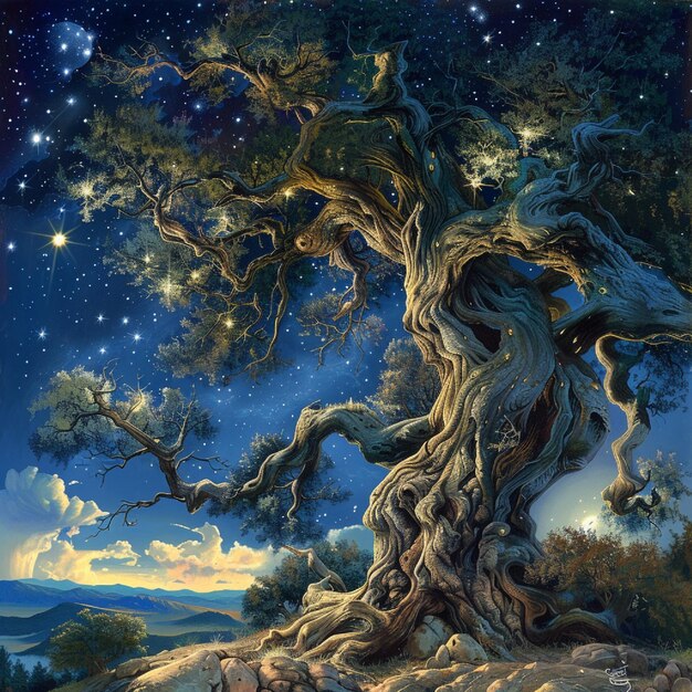 An ancient tree with twisted branches reaching towards a starfilled sky