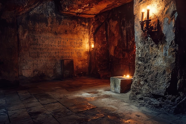 An ancient underground chamber with flickering candlelight reveals mysterious scripts on the walls evoking an aura of secrecy and enchantment