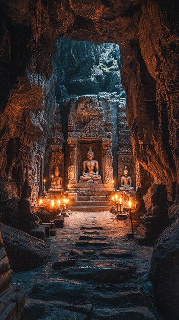 Photo ancient underground temple illuminated by flickering torches showcasing serene statues and intricate carvings mystical atmosphere invites exploration and reflection