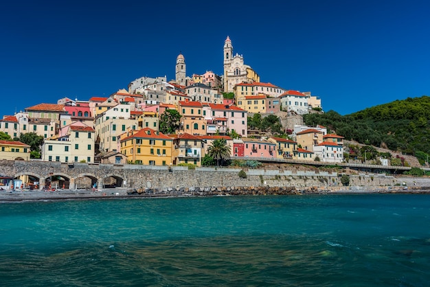 The ancient village of Cervo on a hill facing the sea, on the Italian Riviera