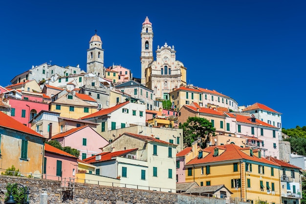 The ancient village of Cervo on a hill facing the sea, on the Italian Riviera