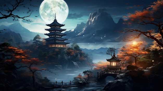 Ancient village of China beautiful scene scenery landscape Chinese lanterns authentic architecture houses mystical evening mystical evening river empty streets peaceful atmosphere