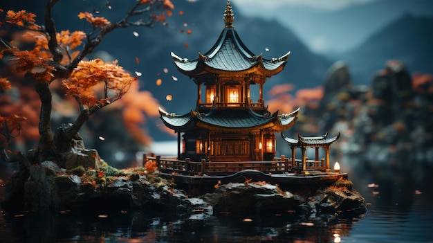 Ancient village of China beautiful scene scenery landscape Chinese lanterns authentic architecture houses mystical evening mystical evening river empty streets peaceful atmosphere