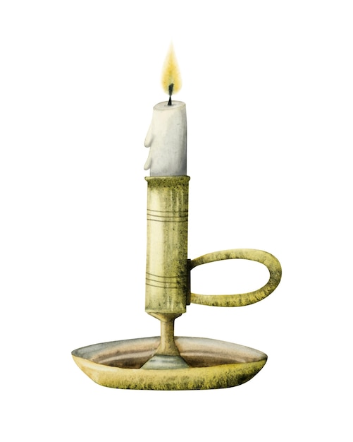 Ancient vintage candlestick with burning candle old gold candelabrum standing on tray watercolor