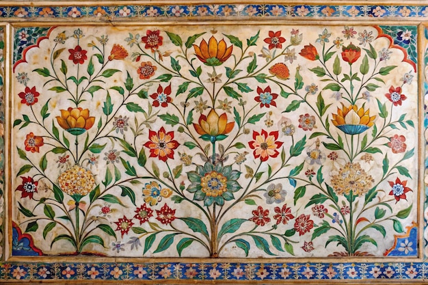 Ancient wall painting of floral pattern in City palace at Jaipur India Historical Indian art of textured background