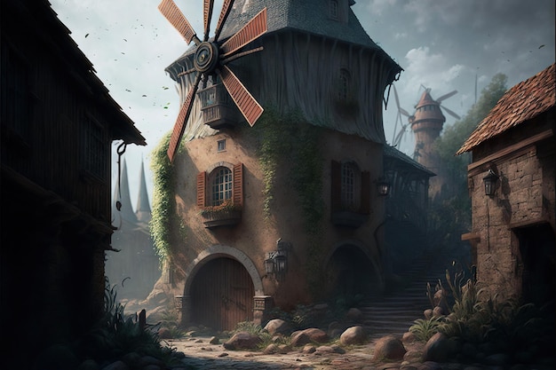 Ancient windmill in medieval city created with generative ai