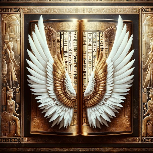 Ancient Wisdom Sacred Wings Over Hieroglyphic Tablet