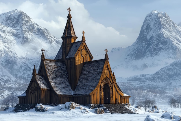 Ancient wooden stave church stands amidst snowcapped mountains glowing with warm hues against the cold in a serene winter landscape