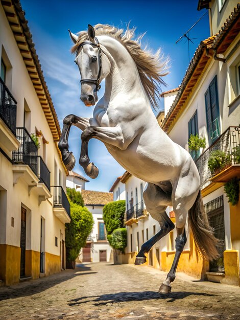 Photo andalusian horse lies bank