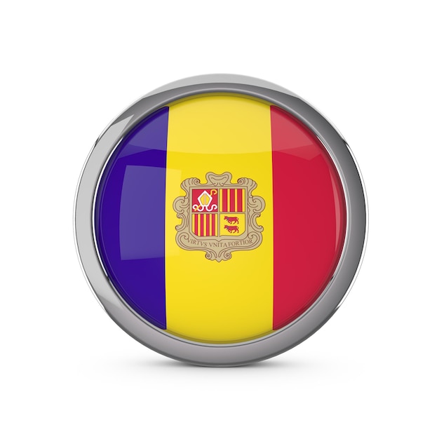 Andorra national flag in a glossy circle shape with chrome frame 3D Rendering